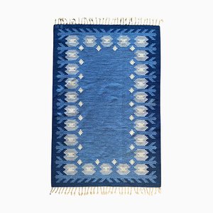 Skandinavischer Moderner Blauer Rölakan Flachgewebe Teppich von Berit Koenig Woelfer, Schweden, 1960er