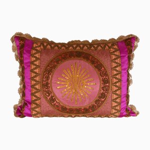 Coussin Empire Napoléonien Cannetille Broderie Métallique Fil Doré Housse de Coussin en Soie Magenta