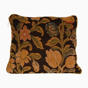 Französisches Needlepoint Kissen, 19. Jh., Dunkelblaues Blumenmuster