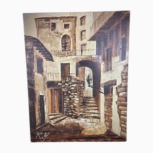 City Alleyway Scene, 1950s, Oil on Canvas