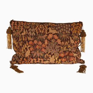19th Century Flemish Tapestry Neo Renaissance Pillow Cushion Allegorical Millefleurs Animals