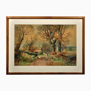 Henry Charles Fox, Driving Sheep, Plaisters Lane, Sutton Poyntz, Dorset, 1918, Watercolour, Framed