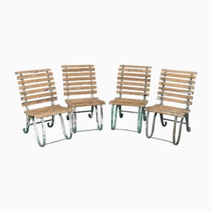 Antique 19th Century Victorian Wrought Iron & Wood Garden Seats, 1890, Set of 4