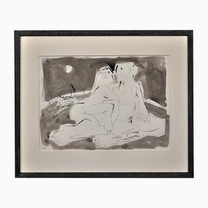 Keith Bayliss, Moonlight Embrace with Male & Female Nude, 1990s, Ink & Watercolor, Framed