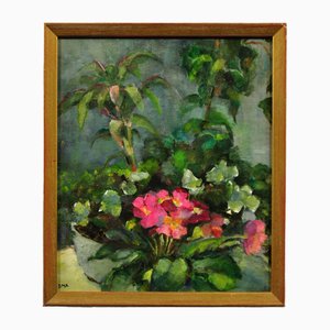 Diana Maxwell Armfield, Nature Morte Primevères Roses et Plantes en Pot, Peinture à l'Huile, 1970s