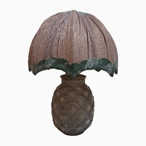 Lampe Ananas Art Déco avec Socle en Verre Cristal Givré et Abat-Jour en Tissu Artisanal par Christalleries De Val St Lambert pour Lamplove