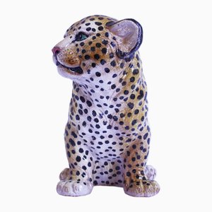Large Italian Glazed Majolica Leopard Cub, 1950s