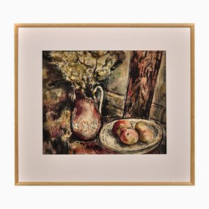 James Tower, Still Life of Flowers in a Jug and a Bowl of Apples, 1944, Watercolour, Framed