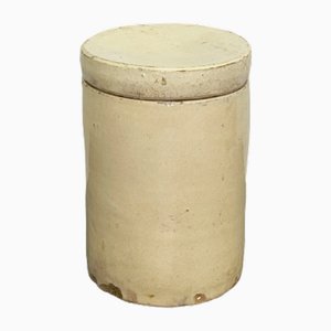 Vaso grande antico smaltato color crema con coperchio