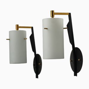 Mid-Century Italian Sconces in Brass and Black with Opaline Glass Shades, 1950s, Set of 2