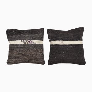 Turkish Handmade Brown and Black Kilim Pillow Covers, 2010s, Set of 2
