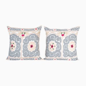 Gray Suzani Embroidery Cushion Covers in Samarkand, Uzbekistan, Set of 2