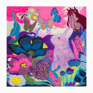 Minako Asakura, Rabbit & Flowers, 2024, acrílico y acuarela sobre papel con panel de madera