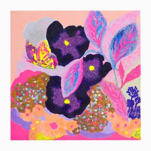 Minako Asakura, Flowers, 2024, Acrylic & Watercolor on Paper with Wood Panel