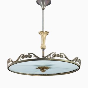 Swedish Grace Ceiling Light in Brass and Bronze with White Glass Shade, Sweden, 1920s