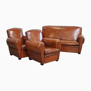 Vintage Sheep Leather Sofa and Club Chairs, Set of 3