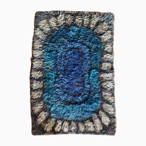 Blauer Mid-Century Moderner Hochflor Rya Teppich, Schweden, 1960er