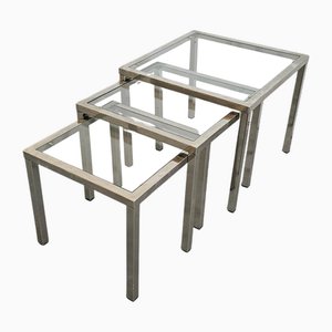 Mid-Century Modern Nesting Tables in Chrome with Glass Tops, 1970s, Set of 3
