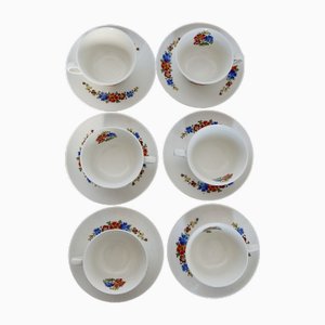 Earthenware Tea Cups and Saucers with Polychrome Floral Patterns from Royal Sphinx, Maastricht, Belgium, Set of 6