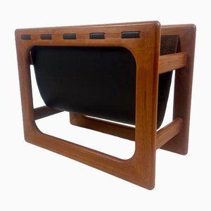 Teak & Leather Magazine Rack attributed to Aksel Kjersgaard for Salin Mobler, 1970s