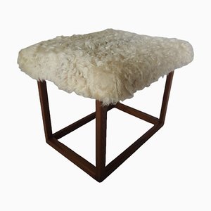 Sgabello Mid-Century moderno in pelle di agnello e teak, Svezia, anni '60