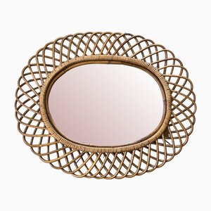 Mid-Century Oval Bamboo Wall Mirror in the style of Franco Albini, 1960s