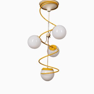 Vintage Italian Space Age Yellow Metal and Glass Hanging Light, 1970s