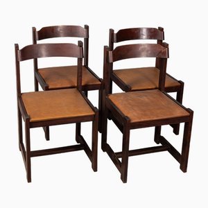 Italienische Vintage Esszimmerstühle aus Holz & Braunem Leder, 1970er, 4 . Set