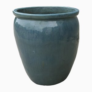 Large French Terracotta Turquoise Blue Garden Planter, 1960s