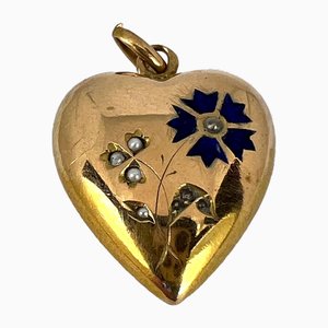 Französischer 18 Karat Gelbgold Emaillierter Anhänger mit geschwollenen Liebesherzen und Perlen, 1890er