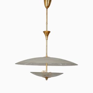 Lampada a sospensione vintage in cristallo decorato e ottone, Italia, anni '40