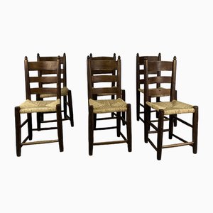 Brutalist Italian Wooden and Straw Chairs, 1970s, Set of 6