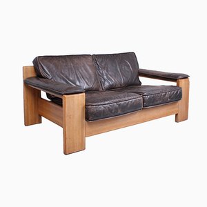 Brutalistisches Sofa aus heller Eiche & dunklem Leder von Harry de Groot für Leolux, 1970er