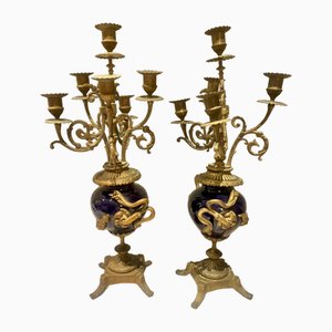 Vintage Gilt Bronze and Porcelain Candleholders, 1920s, Set of 2