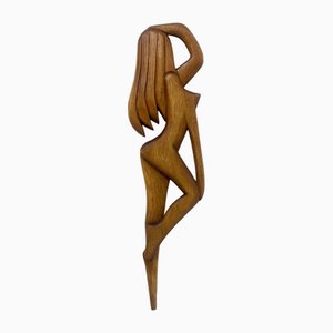 Mid-Century Italian Carved Oak Wall Sculpture of Nude Female, 1960s
