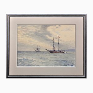 Charles Adderton, Norwegian Barques at Anchor, Lyme Bay, Devon and Dorset, 1890s-1910s, Watercolor