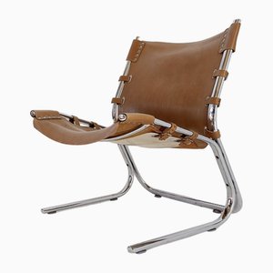 Vintage Tubular Sling Chair in Leather and Chrome, 1960s, 1969