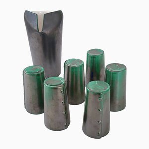 Brocca Mid-Century con bicchieri in ceramica smaltata, Francia, anni '60, set di 7