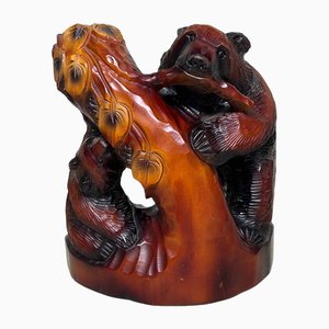 Oso japonés de madera con cachorro, años 60