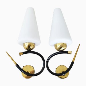 Mid-Century French Wall Lights in Brass and Glass from Arlus, 1950s, Set of 2