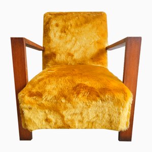 French Lounge Chair in Oak and Synthetic Fur, 1940s