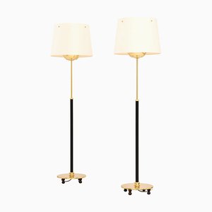 Floor Lamps in Brass and Black Metal with Original Lamp Shades attributed to Josef Frank, 1960s, Set of 2
