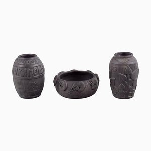 Vases and Bowl in Black Terracotta from Hjorth, Bornholm, Denmark, Set of 3