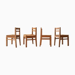 Vintage Belgian Dining Chairs in Oak and Straw, 1940s, Set of 4