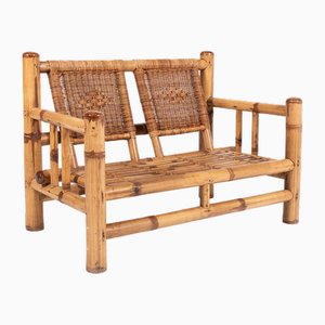 Italian Modern Bamboo & Wicker Bench, 1970s