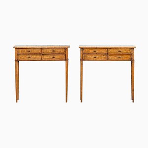 Italian Oak Parquetry Inlaid Four Drawer Side Tables, 1900, Set of 2