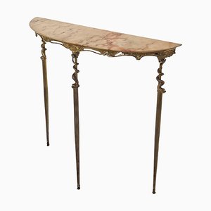 Consolle Hollywood Regency Demilune in ottone con ripiano in marmo con serpenti marini, anni '50