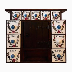 Armoire à Épices Art Déco en Bois et Céramique Bleue, Pays-Bas, 1930s