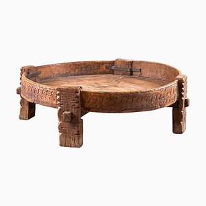 Indian Carved Wooden Chakki Grinder Coffee Table with Iron Detailing, 1890s