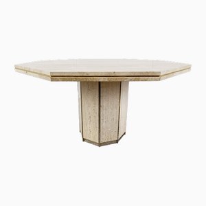 Italian Octogonal Dining Table in Travertine and Brass, 1970s